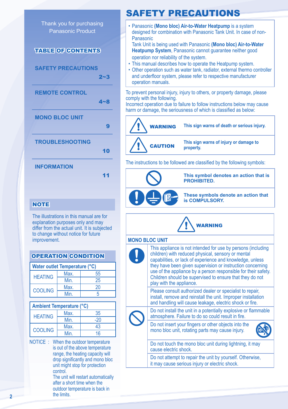 Safety precautions | Panasonic WHMDC09C3E8 User Manual | Page 2 / 92