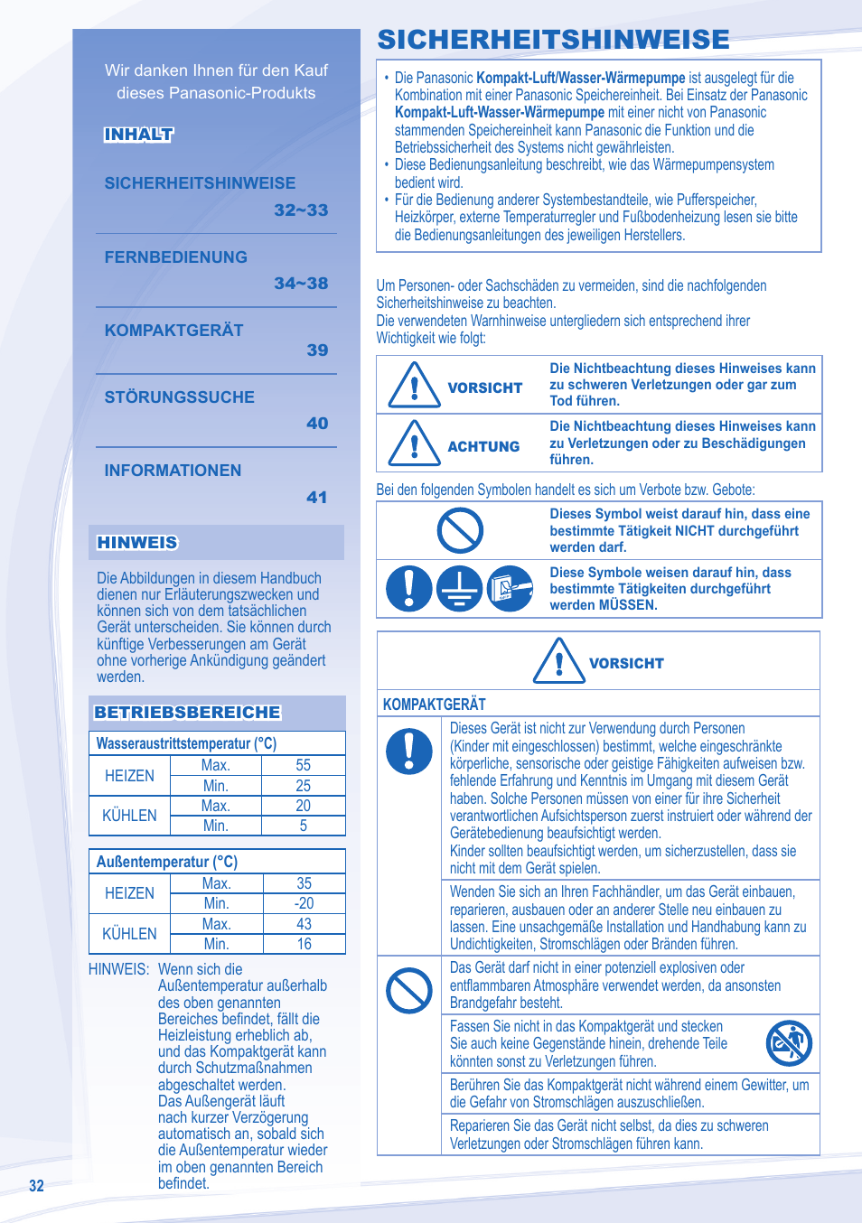 Sicherheitshinweise | Panasonic WHMDC09C3E8 User Manual | Page 32 / 92
