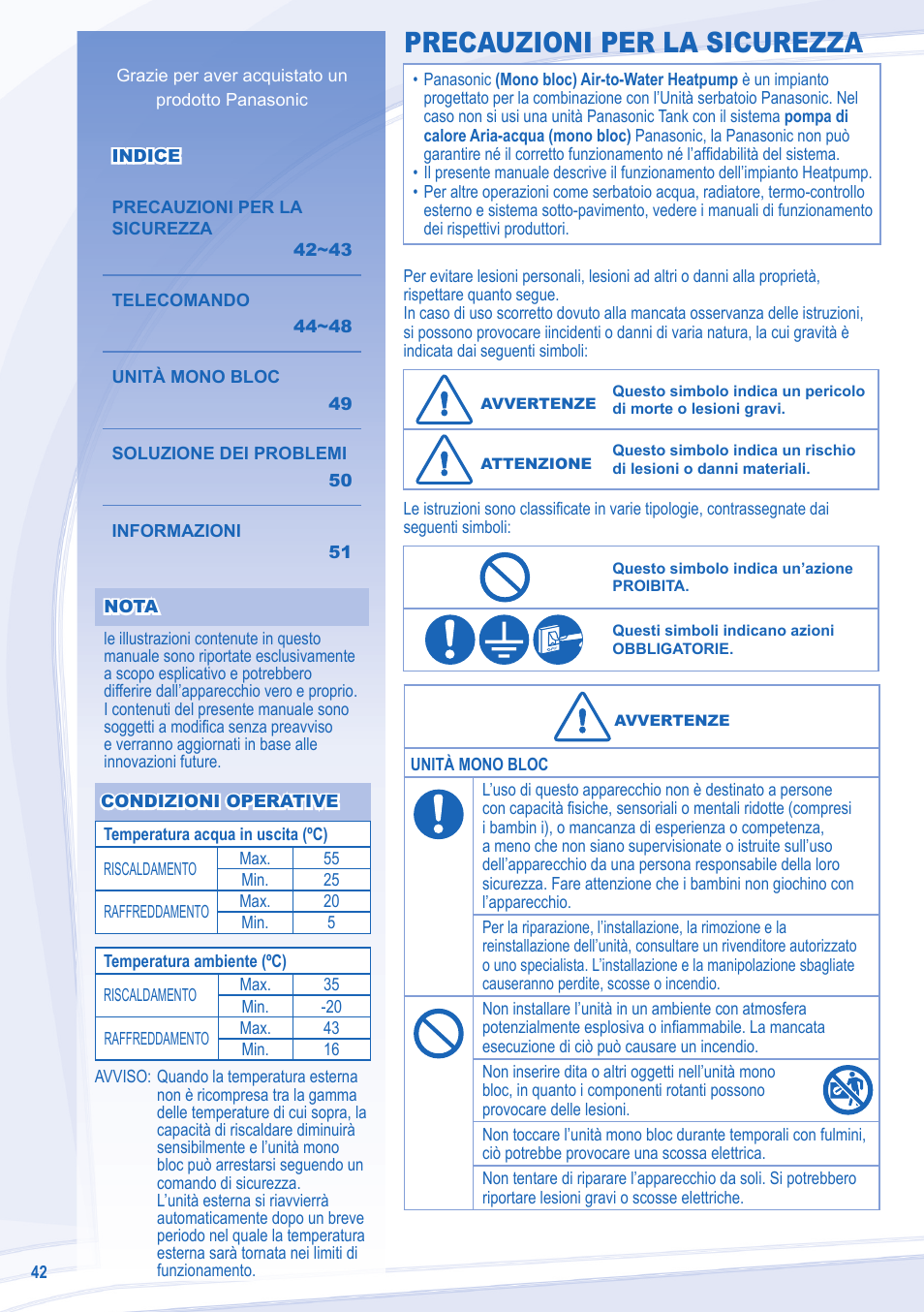 Precauzioni per la sicurezza | Panasonic WHMDC09C3E8 User Manual | Page 42 / 92