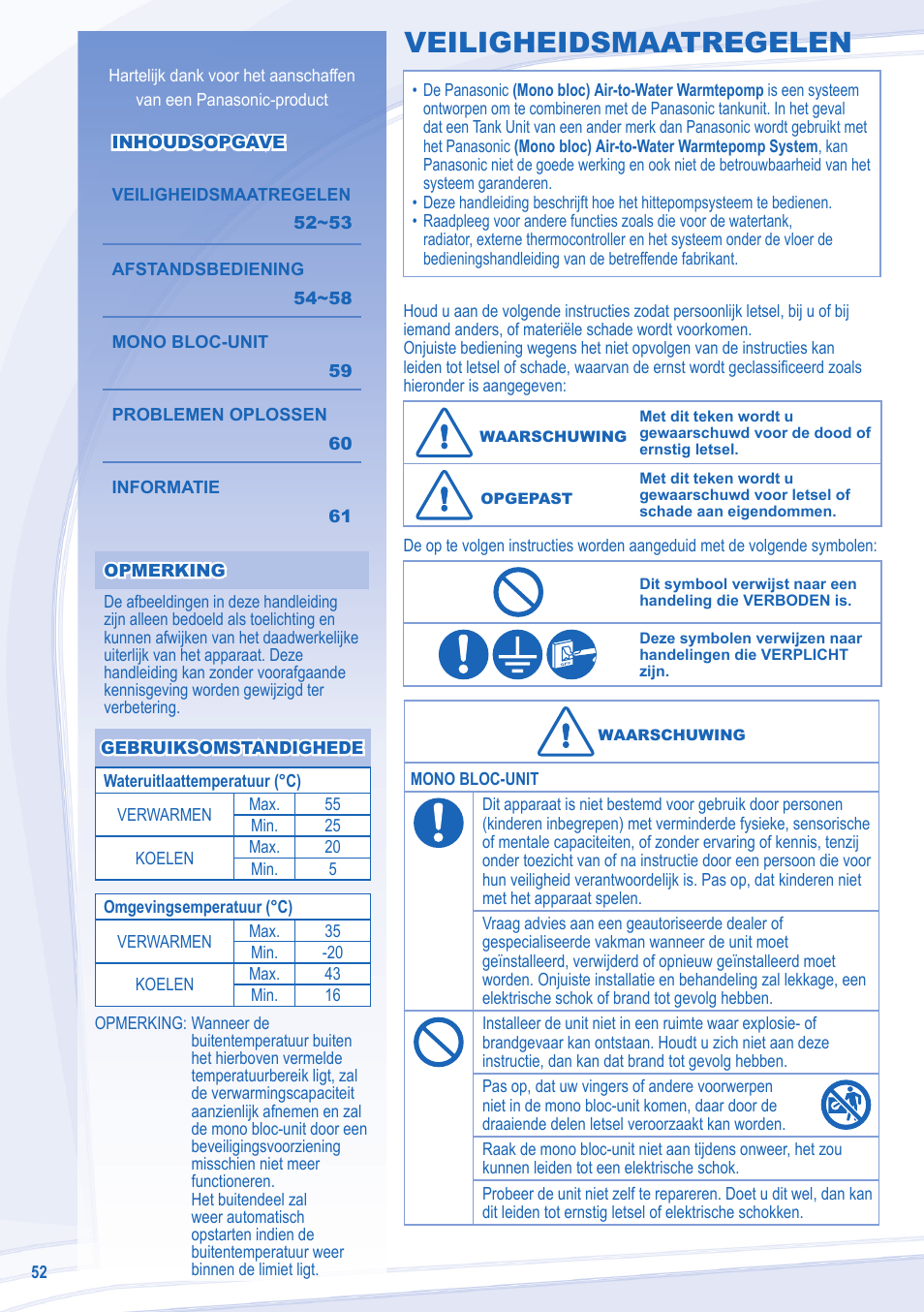 Veiligheidsmaatregelen | Panasonic WHMDC09C3E8 User Manual | Page 52 / 92