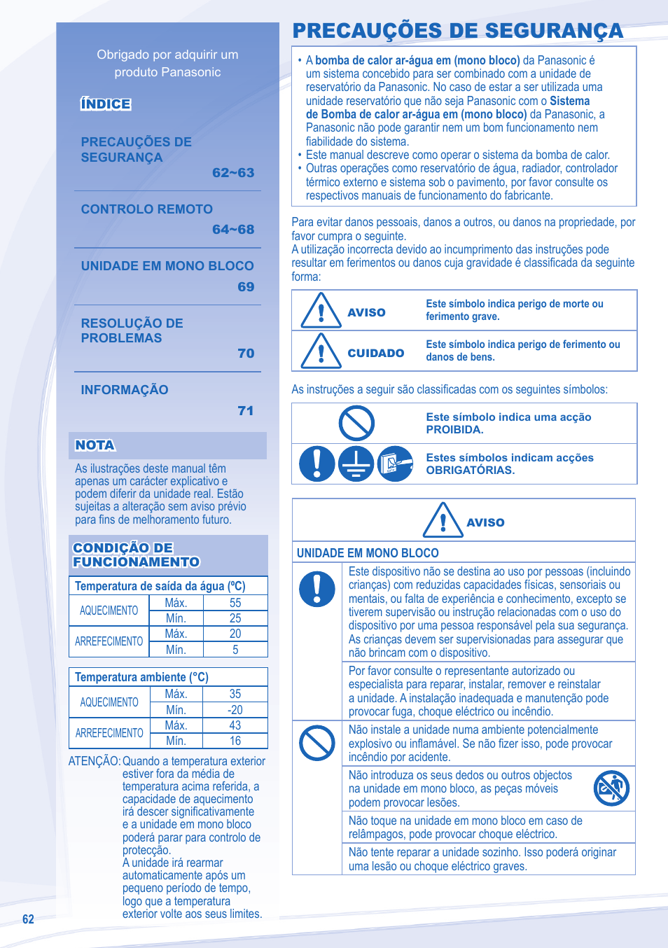 Precauções de segurança | Panasonic WHMDC09C3E8 User Manual | Page 62 / 92