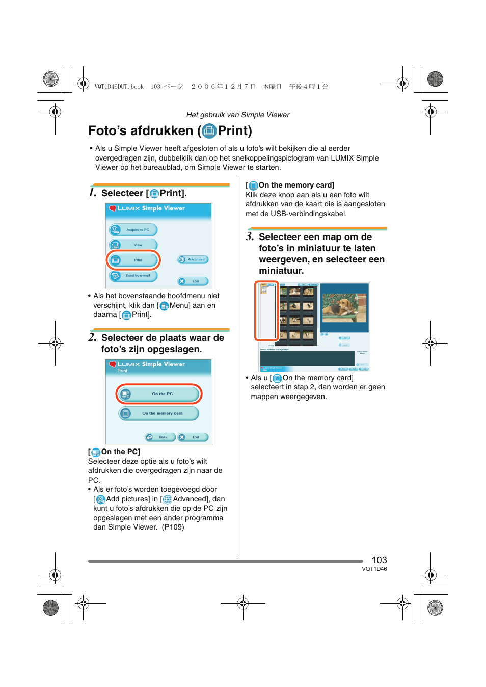 Foto’s afdrukken ( print) | Panasonic DMCFX10 User Manual | Page 103 / 120