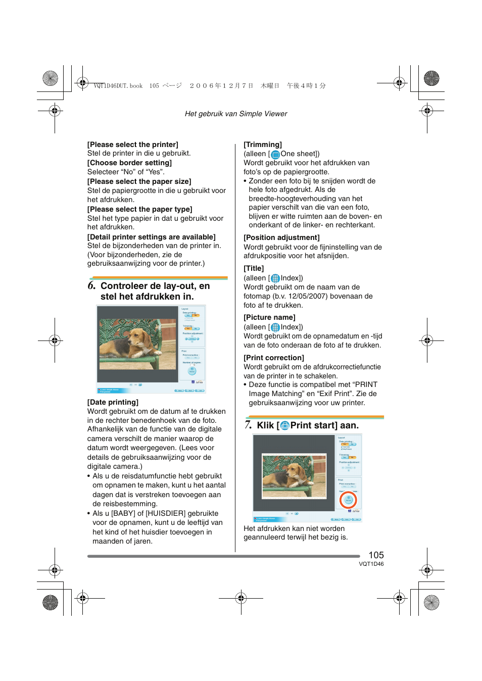 Controleer de lay-out, en stel het afdrukken in, Klik [ print start] aan | Panasonic DMCFX10 User Manual | Page 105 / 120