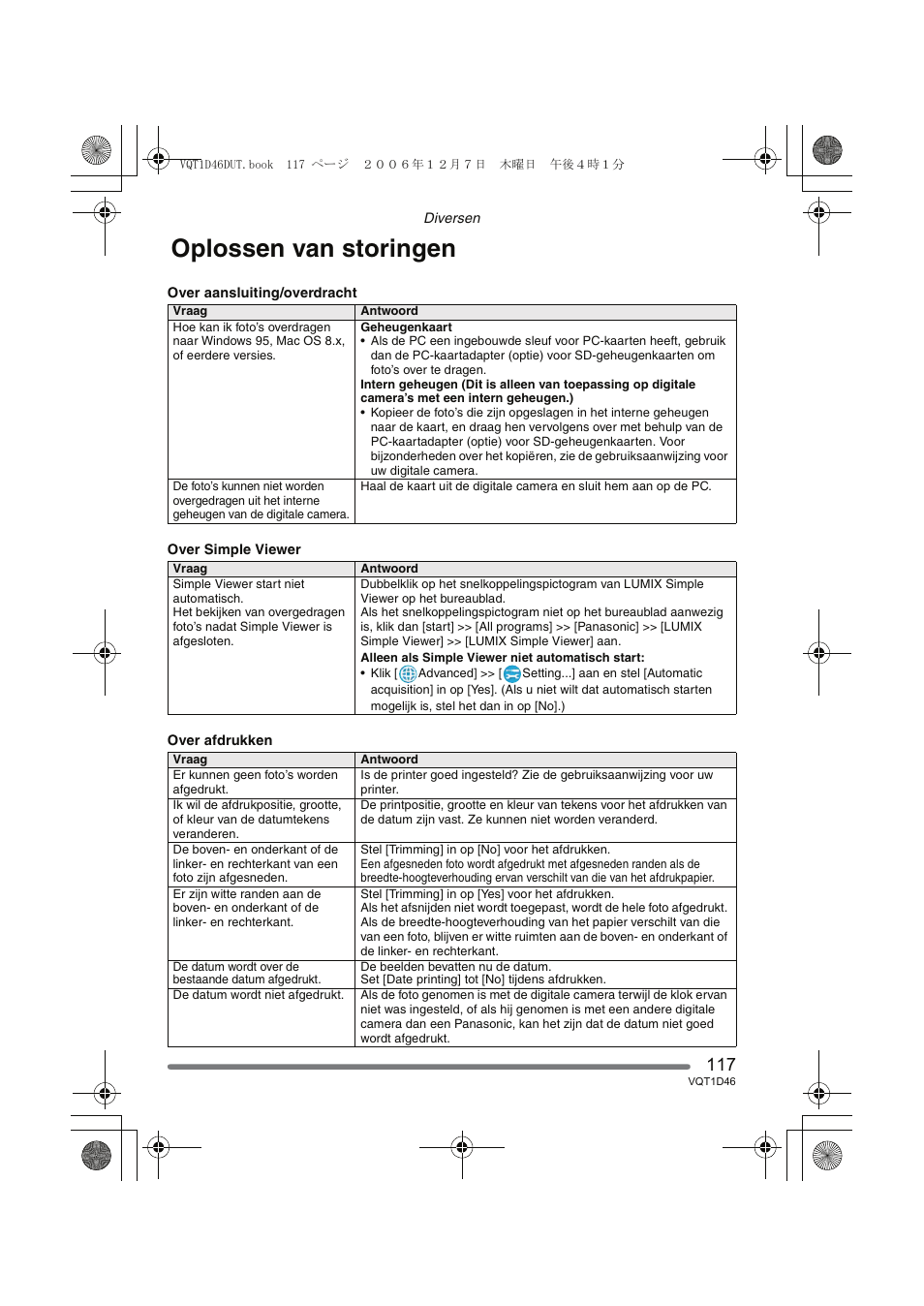 Oplossen van storingen | Panasonic DMCFX10 User Manual | Page 117 / 120