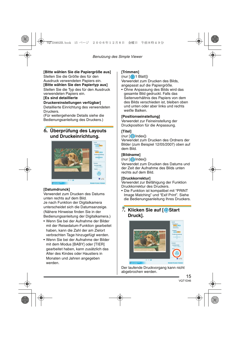 Überprüfung des layouts und druckeinrichtung, Klicken sie auf [ start druck | Panasonic DMCFX10 User Manual | Page 15 / 120