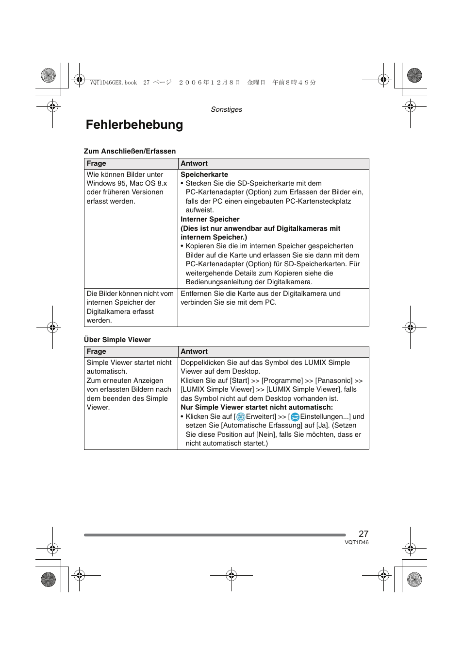 Fehlerbehebung | Panasonic DMCFX10 User Manual | Page 27 / 120