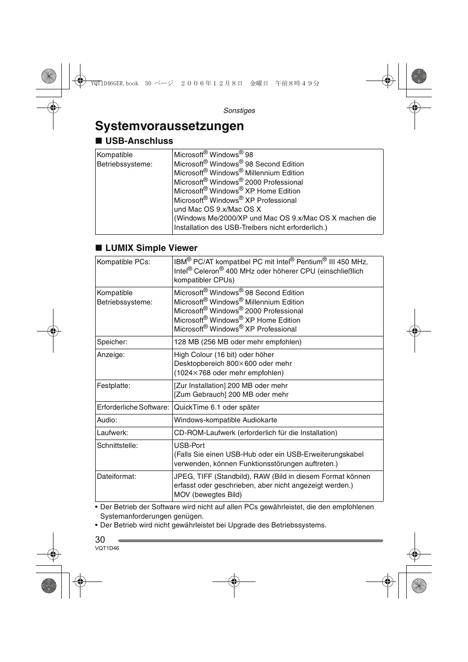 Systemvoraussetzungen, Usb-anschluss ∫ lumix simple viewer | Panasonic DMCFX10 User Manual | Page 30 / 120