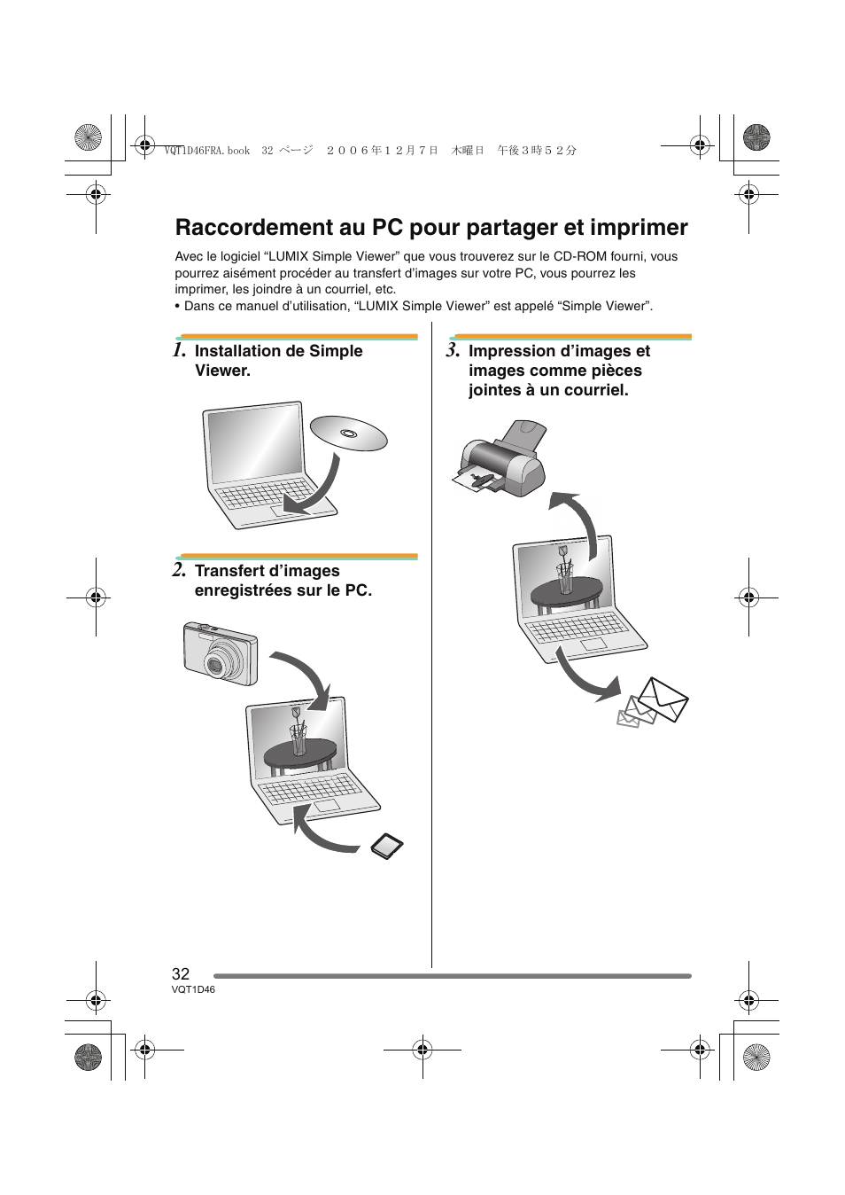 Raccordement au pc pour partager et imprimer | Panasonic DMCFX10 User Manual | Page 32 / 120