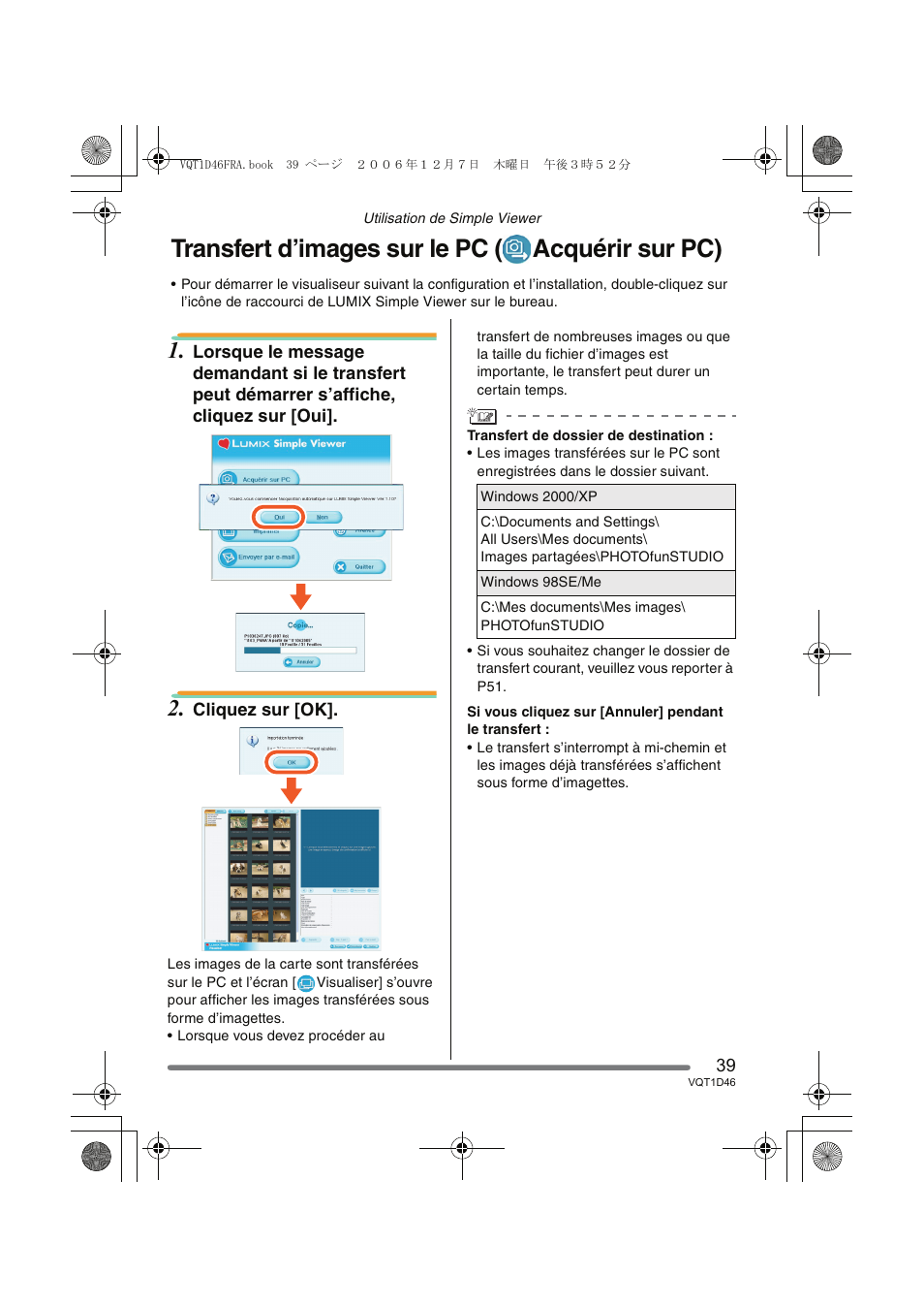 Transfert d’images sur le pc ( acquérir sur pc) | Panasonic DMCFX10 User Manual | Page 39 / 120