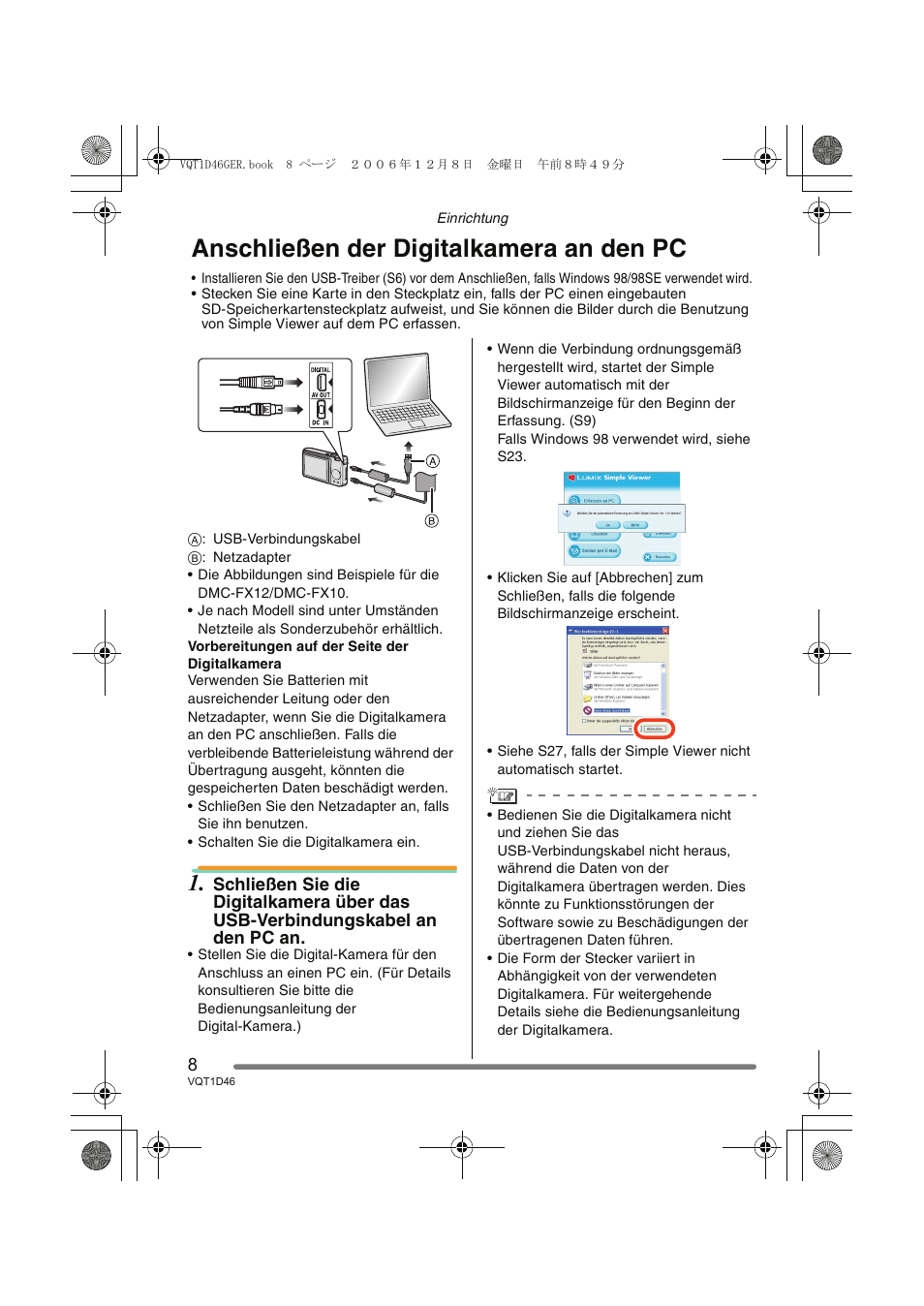 Anschließen der digitalkamera an den pc | Panasonic DMCFX10 User Manual | Page 8 / 120