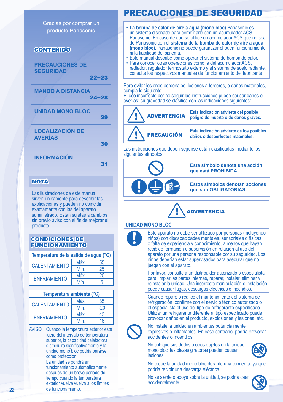 Precauciones de seguridad | Panasonic WHMDC09E3E5 User Manual | Page 22 / 92