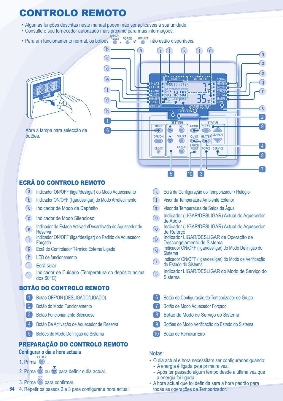 Controlo remoto, Ecrã do controlo remoto, Botão do controlo remoto | Notas, Não estão disponíveis, Prima ou para defi nir o dia actual. 3. prima | Panasonic WHMDC09E3E5 User Manual | Page 64 / 92