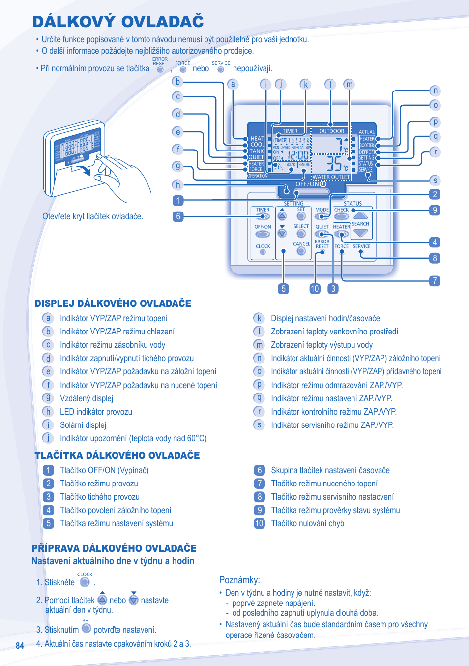 Dálkový ovladač, Displej dálkového ovladače, Tlačítka dálkového ovladače | Poznámky, Nebo, Nepoužívají, Otevřete kryt tlačítek ovladače | Panasonic WHMDC09E3E5 User Manual | Page 84 / 92