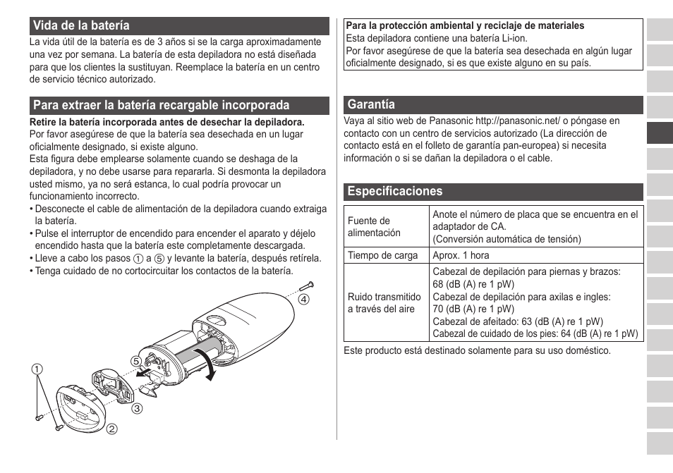 Vidadelabatería, Paraextraerlabateríarecargableincorporada, Garantía | Especificaciones | Panasonic ESED20 User Manual | Page 103 / 346