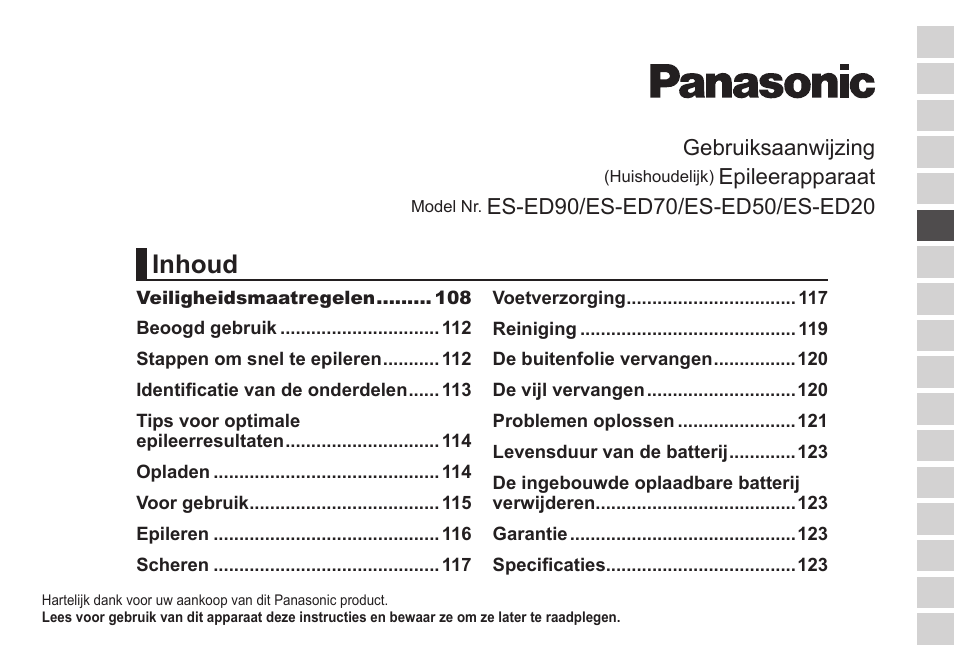 Inhoud, Gebruiksaanwijzing, Epileerapparaat | Panasonic ESED20 User Manual | Page 105 / 346