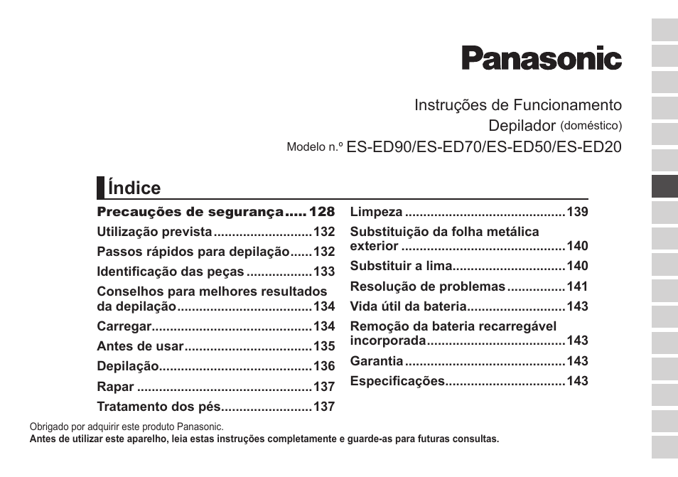 Índice, Instruções de funcionamento depilador | Panasonic ESED20 User Manual | Page 125 / 346