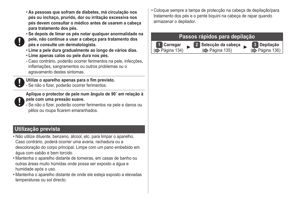 Utilizaçãoprevista, Passosrápidosparadepilação | Panasonic ESED20 User Manual | Page 132 / 346