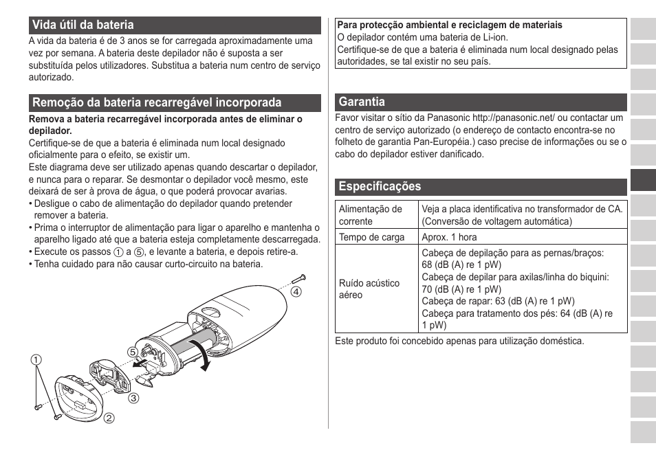 Vidaútildabateria, Remoçãodabateriarecarregávelincorporada, Garantia | Especificações | Panasonic ESED20 User Manual | Page 143 / 346
