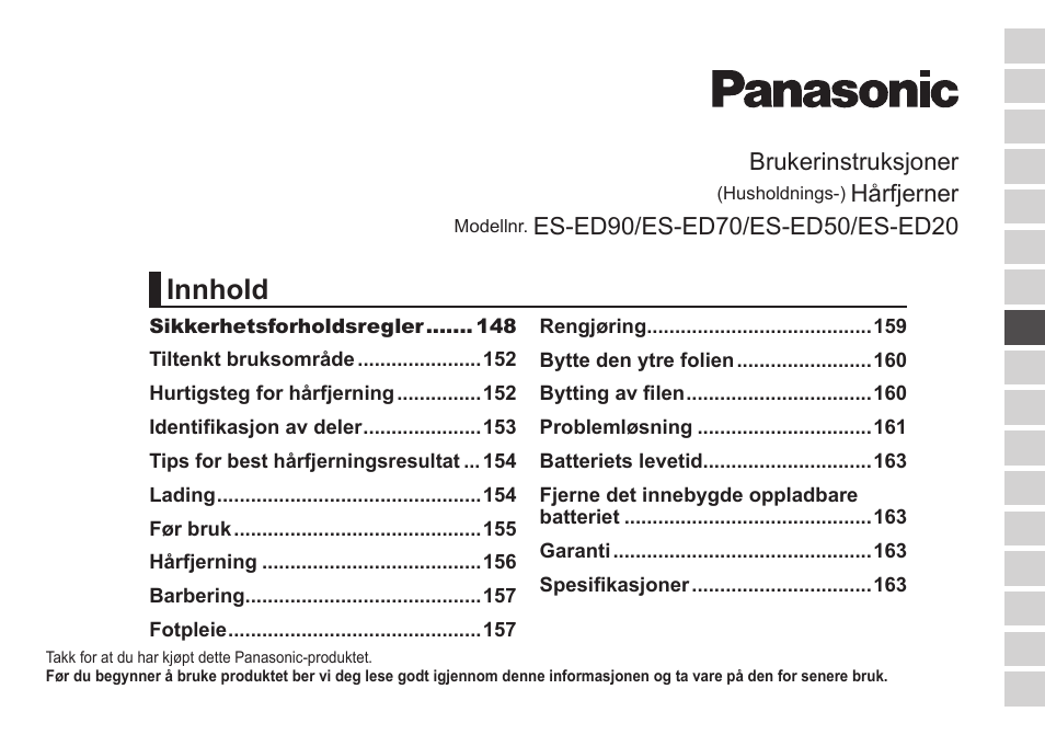 Innhold, Brukerinstruksjoner, Hårfjerner | Panasonic ESED20 User Manual | Page 145 / 346