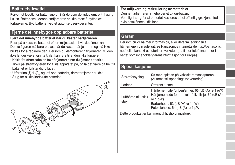 Batterietslevetid, Fjernedetinnebygdeoppladbarebatteriet, Garanti | Spesifikasjoner | Panasonic ESED20 User Manual | Page 163 / 346