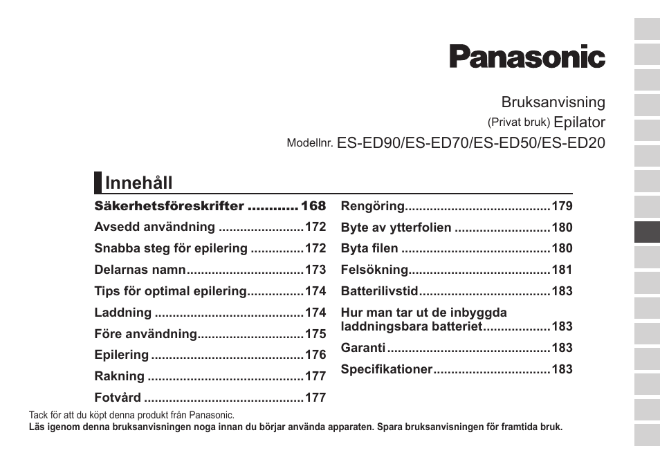 Innehåll, Bruksanvisning, Epilator | Panasonic ESED20 User Manual | Page 165 / 346