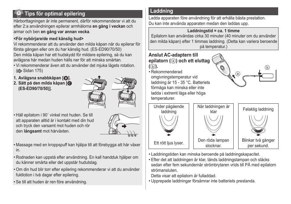 Tipsföroptimalepilering, Laddning | Panasonic ESED20 User Manual | Page 174 / 346