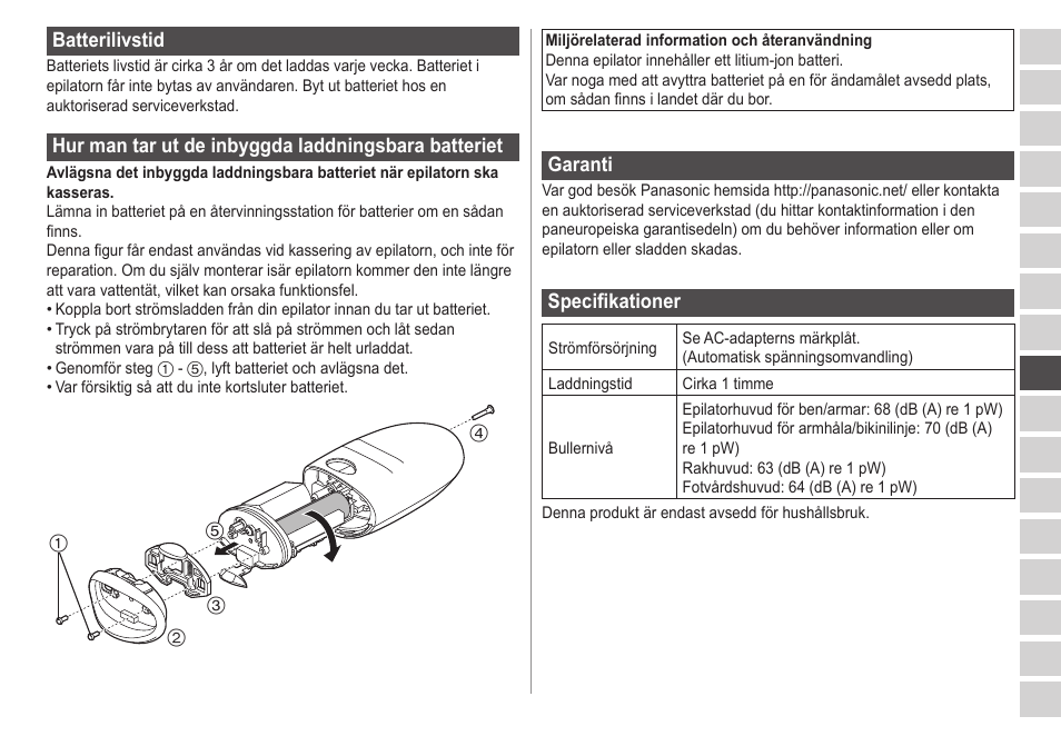 Batterilivstid, Hurmantarutdeinbyggdaladdningsbarabatteriet, Garanti | Specifikationer | Panasonic ESED20 User Manual | Page 183 / 346