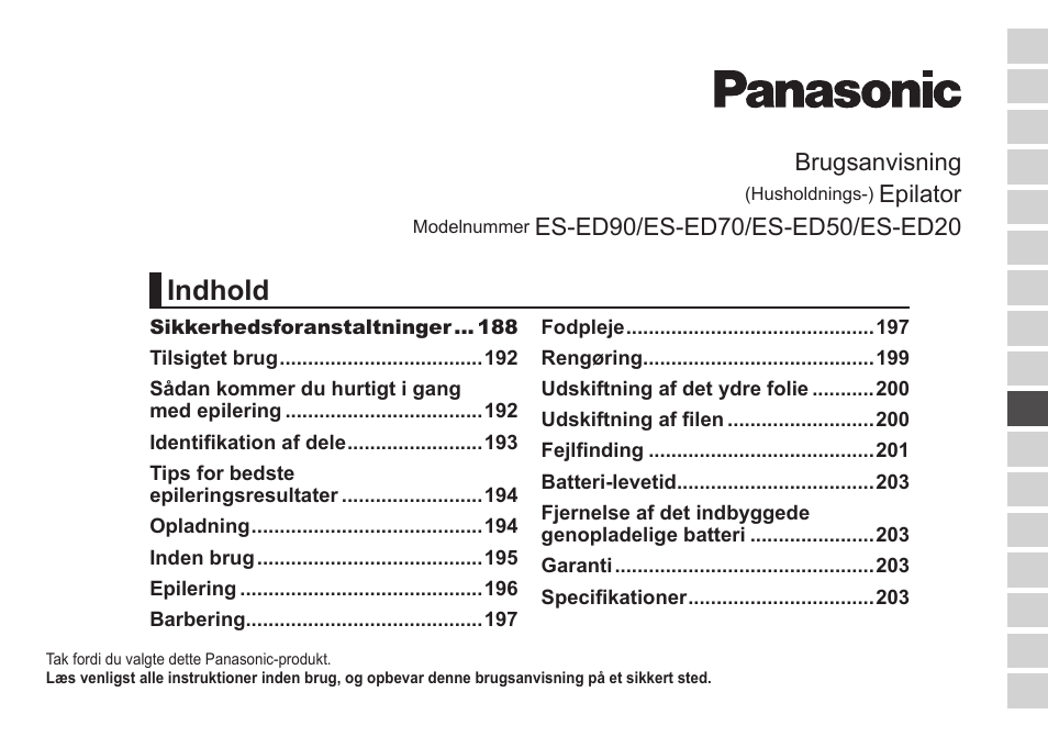 Indhold, Brugsanvisning, Epilator | Panasonic ESED20 User Manual | Page 185 / 346