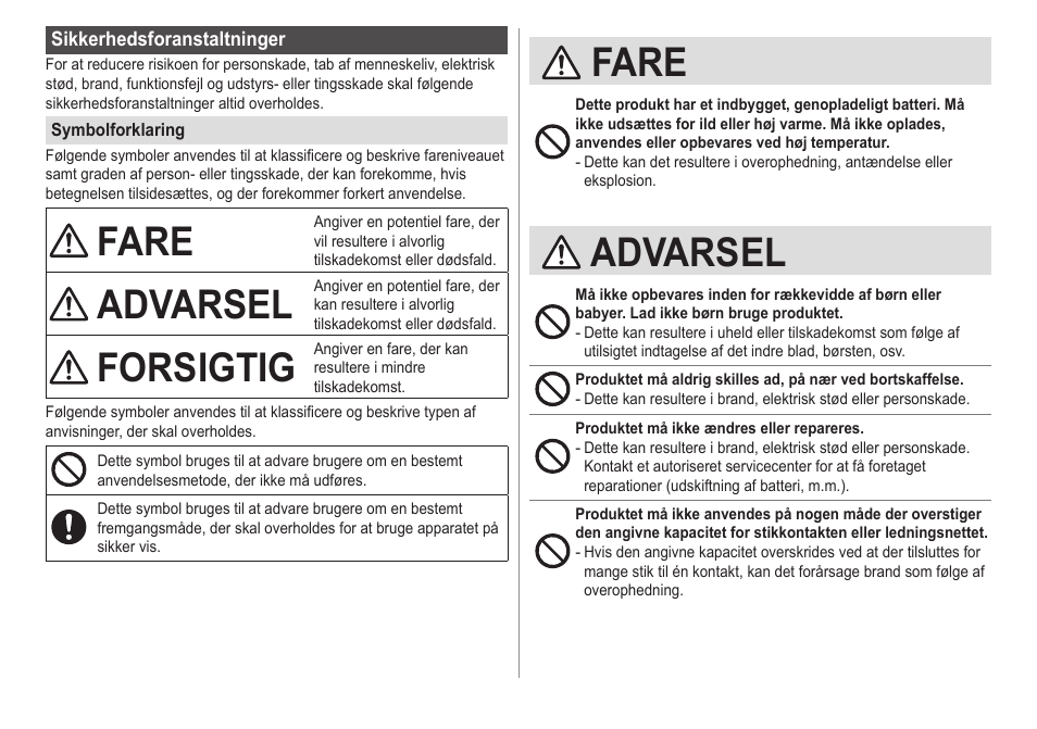 Fare, Advarsel, Forsigtig | Panasonic ESED20 User Manual | Page 188 / 346