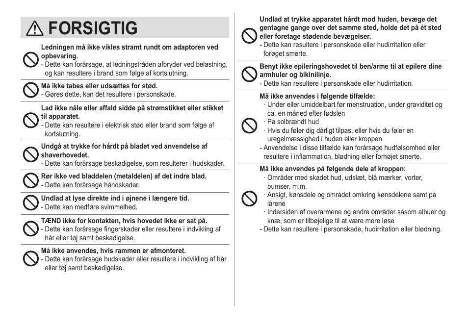 Forsigtig | Panasonic ESED20 User Manual | Page 190 / 346