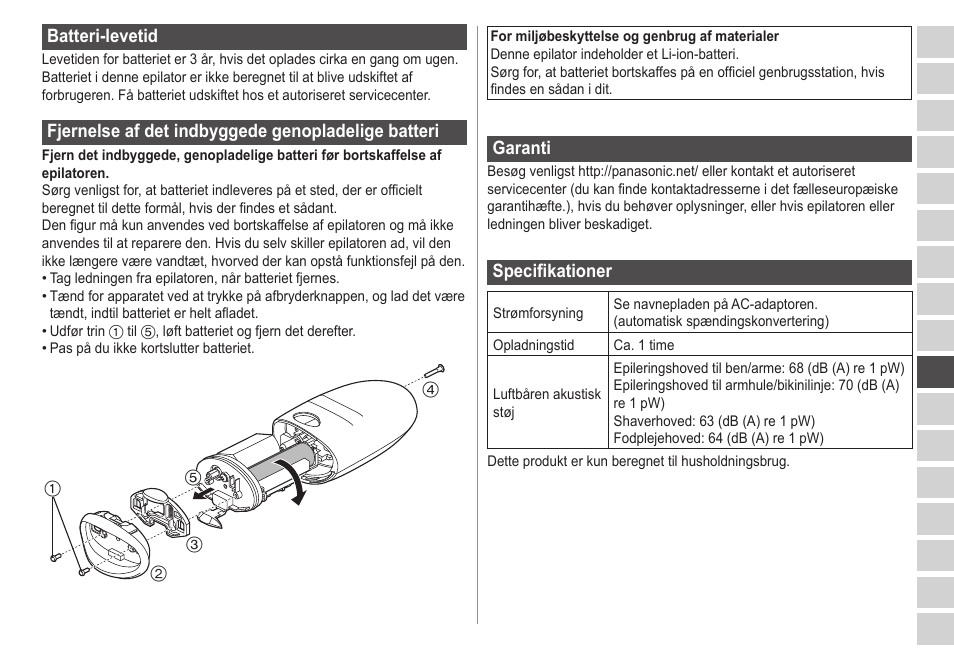 Batteri‑levetid, Fjernelseafdetindbyggedegenopladeligebatteri, Garanti | Specifikationer | Panasonic ESED20 User Manual | Page 203 / 346