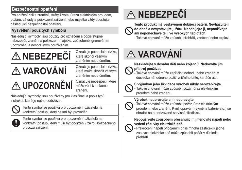 Nebezpečí, Varování, Upozornění | Panasonic ESED20 User Manual | Page 248 / 346