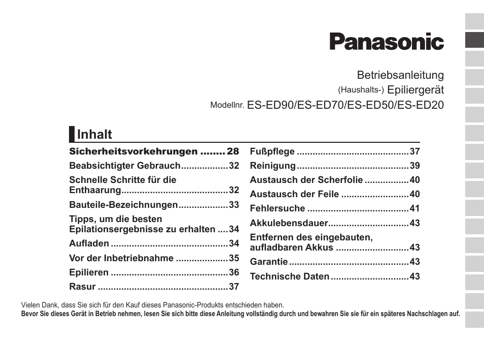 Inhalt, Betriebsanleitung, Epiliergerät | Panasonic ESED20 User Manual | Page 25 / 346