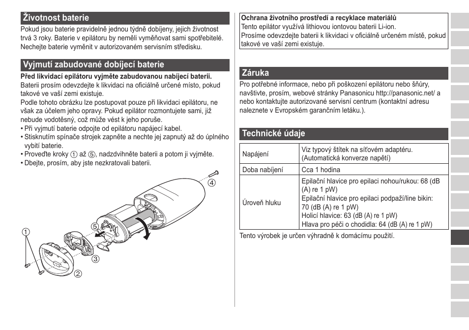 Životnostbaterie, Vyjmutízabudovanédobíjecíbaterie, Záruka | Technickéúdaje | Panasonic ESED20 User Manual | Page 263 / 346