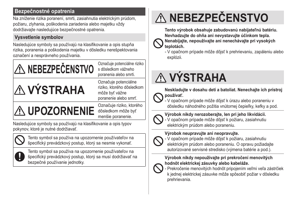 Nebezpečenstvo, Výstraha, Upozornenie | Panasonic ESED20 User Manual | Page 268 / 346