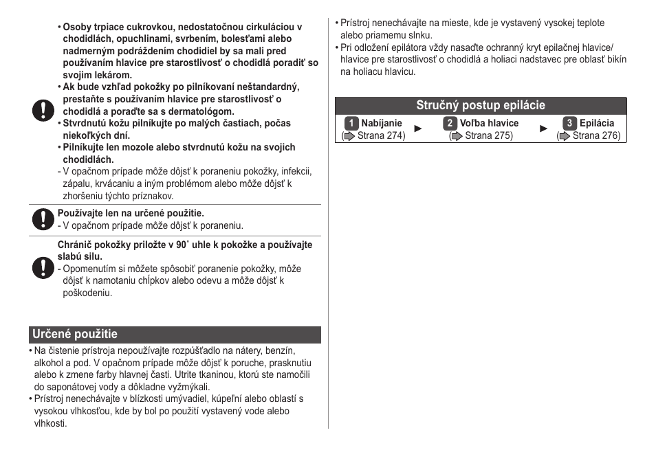 Určenépoužitie, Stručnýpostupepilácie | Panasonic ESED20 User Manual | Page 272 / 346