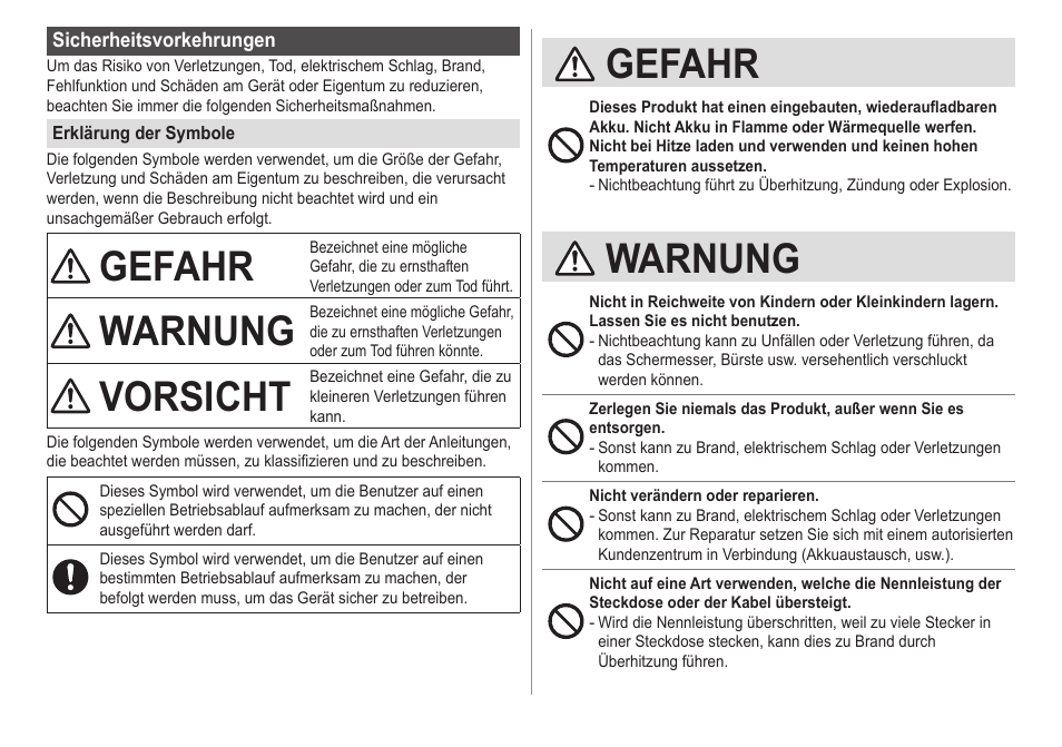 Gefahr, Warnung, Vorsicht | Panasonic ESED20 User Manual | Page 28 / 346