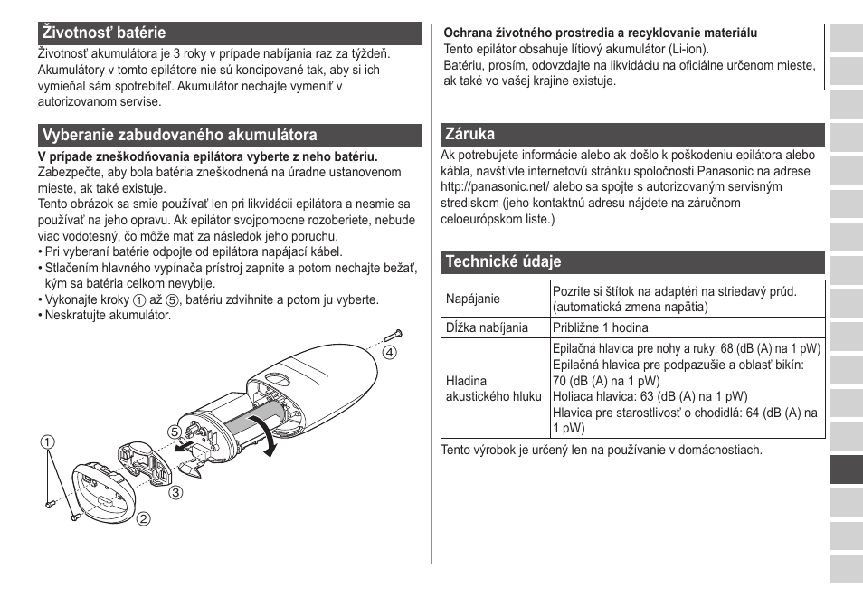 Životnosťbatérie, Vyberaniezabudovanéhoakumulátora, Záruka | Technickéúdaje | Panasonic ESED20 User Manual | Page 283 / 346