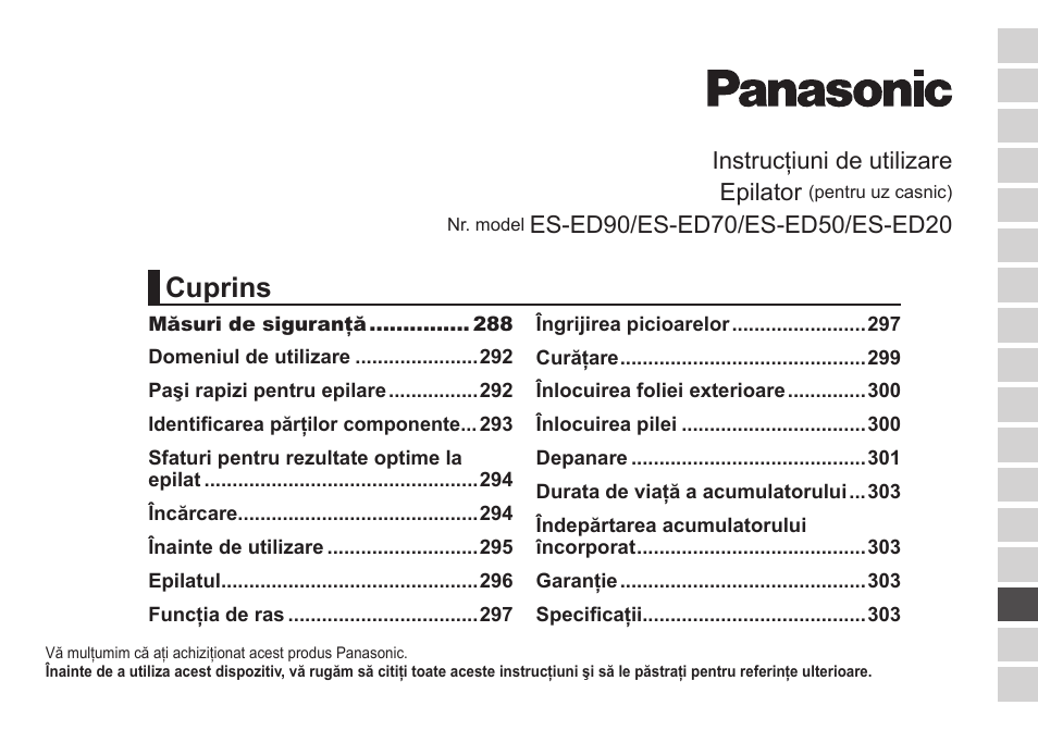 Cuprins, Instrucţiuni de utilizare epilator | Panasonic ESED20 User Manual | Page 285 / 346