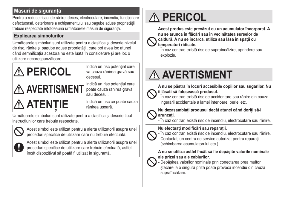 Pericol, Avertisment, Atenţie | Panasonic ESED20 User Manual | Page 288 / 346