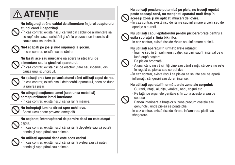 Atenţie | Panasonic ESED20 User Manual | Page 290 / 346