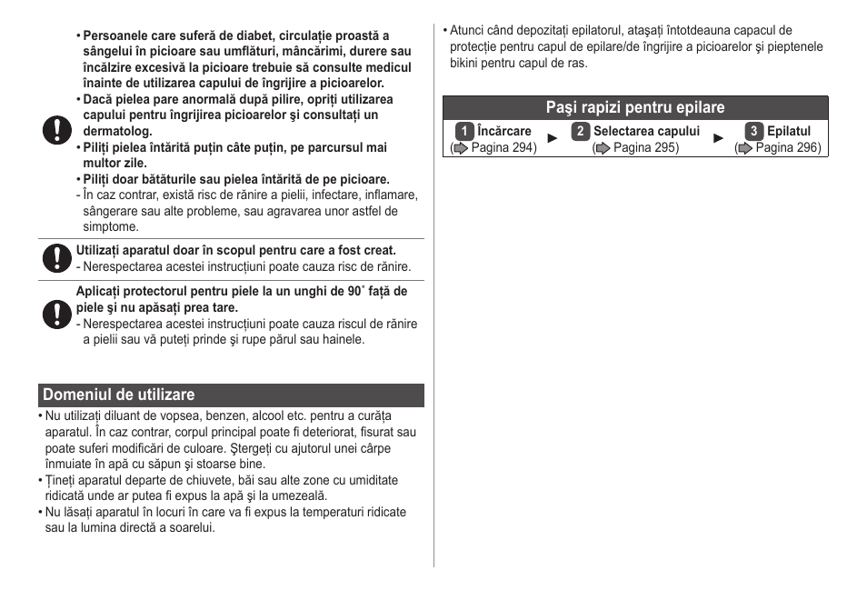 Domeniuldeutilizare, Paşirapizipentruepilare | Panasonic ESED20 User Manual | Page 292 / 346