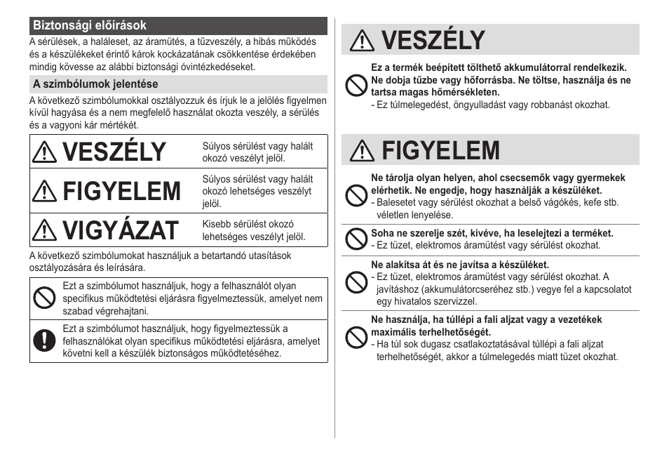 Veszély, Figyelem, Vigyázat | Panasonic ESED20 User Manual | Page 308 / 346