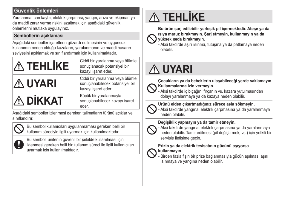 Tehlike, Uyari, Dikkat | Panasonic ESED20 User Manual | Page 328 / 346