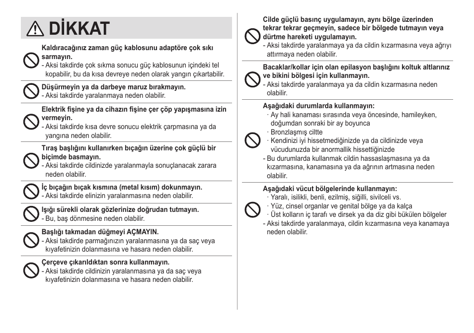Dikkat | Panasonic ESED20 User Manual | Page 330 / 346