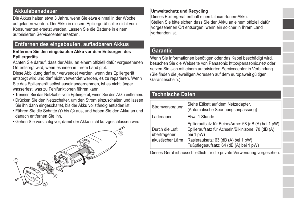 Akkulebensdauer, Entfernendeseingebauten,aufladbarenakkus, Garantie | Technischedaten | Panasonic ESED20 User Manual | Page 43 / 346