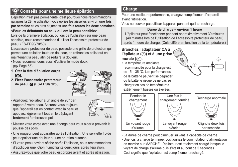 Conseilspourunemeilleureépilation, Charge | Panasonic ESED20 User Manual | Page 54 / 346