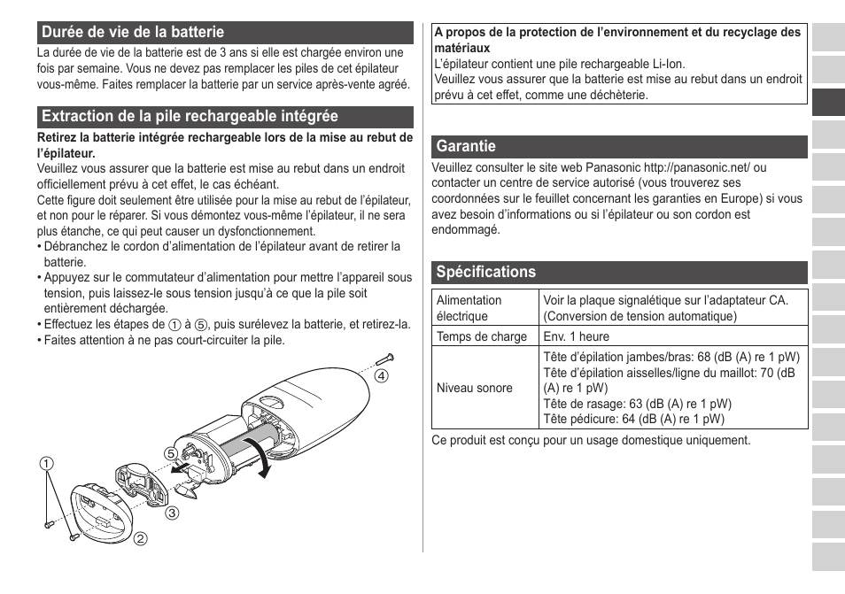 Duréedeviedelabatterie, Extractiondelapilerechargeableintégrée, Garantie | Spécifications | Panasonic ESED20 User Manual | Page 63 / 346