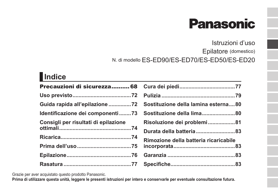 Indice, Istruzioni d’uso epilatore | Panasonic ESED20 User Manual | Page 65 / 346
