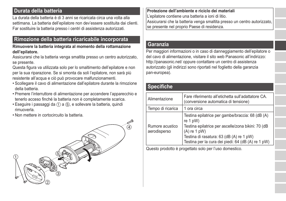 Duratadellabatteria, Rimozionedellabatteriaricaricabileincorporata, Garanzia | Specifiche | Panasonic ESED20 User Manual | Page 83 / 346